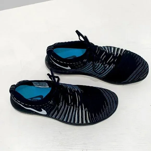 Nike Free Transform Flyknit Black Blue Striped Athletic Gym Shoes Trainers Sz 8 - Picture 13 of 14
